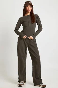 boohoo Ensemble Haut Col Rond Boutonné Et Pantalon En Coton Tall<Femme Ensembles