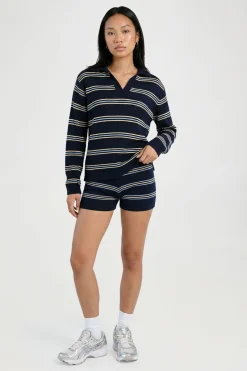 Ensemble Haut À Col V Rayé En Maille À Manches Longues Et Short