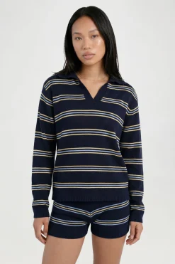 Ensemble Haut À Col V Rayé En Maille À Manches Longues Et Short
