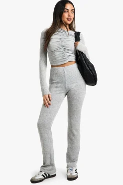 boohoo Ensemble haut court côtelé froncé et pantalon évasé<Femme Ensembles