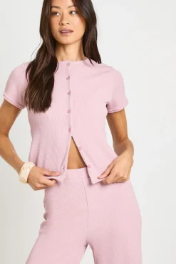 Ensemble Haut Côtelé Froissé À Manches Courtes Avec Boutons Et Pantalon Tall