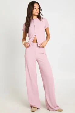 Ensemble Haut Côtelé Froissé À Manches Courtes Avec Boutons Et Pantalon Tall