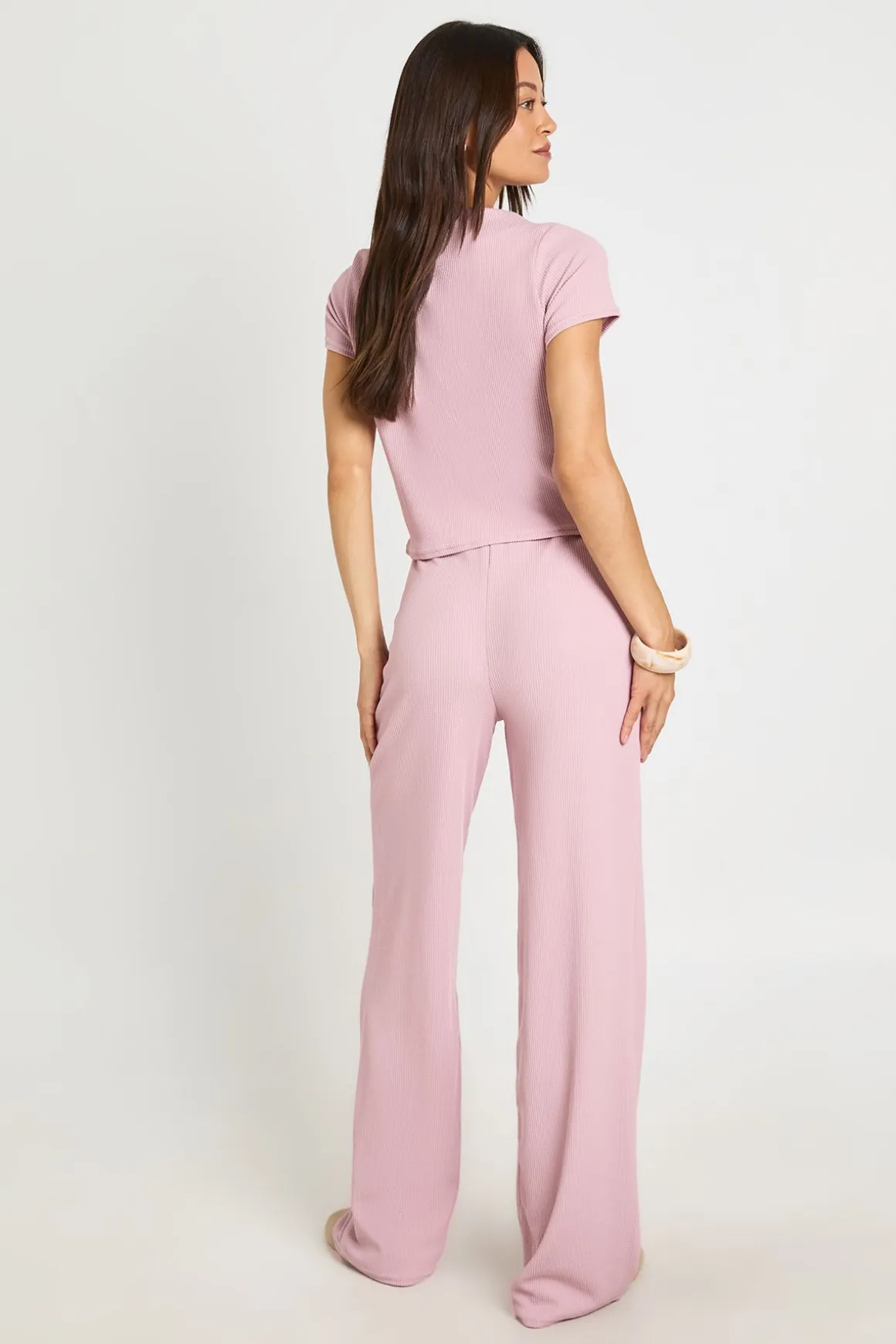 Ensemble Haut Côtelé Froissé À Manches Courtes Avec Boutons Et Pantalon Tall