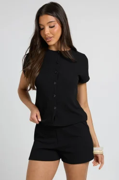 boohoo Ensemble Haut Côtelé À Manches Courtes Boutonné Et Short<Femme Ensembles