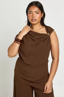 Ensemble Haut Grande Taille Col Bénitier Avec Détails De Finition Et Détail Dos Froncé & Pantalon Large Coordonné