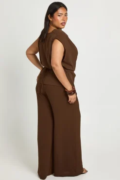 Ensemble Haut Grande Taille Col Bénitier Avec Détails De Finition Et Détail Dos Froncé & Pantalon Large Coordonné