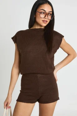 boohoo Ensemble Haut Long Sans Manches À Encolure Bardot Et Short<Femme Looks Chocolat|Pulls Et Gilets