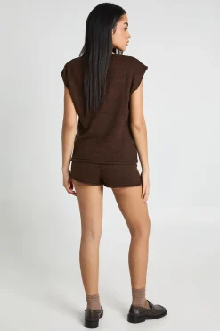 boohoo Ensemble Haut Long Sans Manches À Encolure Bardot Et Short<Femme Looks Chocolat|Pulls Et Gilets