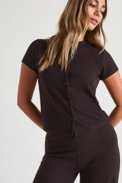 boohoo Ensemble haut à manches cap en côte froissée à fermeture boutonnée et pantalon<Femme Looks Chocolat|Ensembles