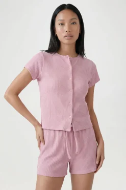 Ensemble Haut À Manches Courtes Boutonné Et Short En Côtes Froissées