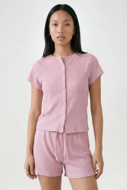 Ensemble Haut À Manches Courtes Boutonné Et Short En Côtes Froissées