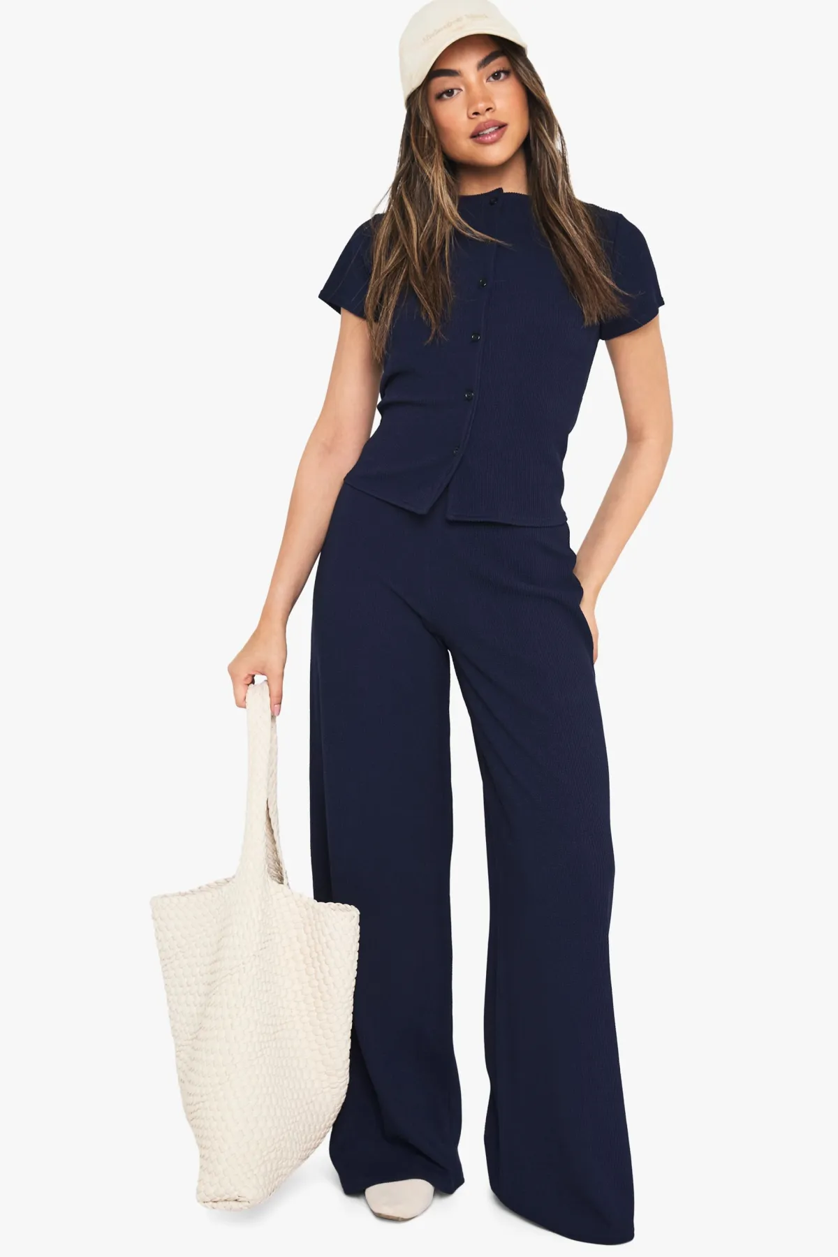 boohoo Ensemble Haut À Manches Courtes Boutonné En Tissu Côtelé Froissé Et Pantalon<Femme Ensembles