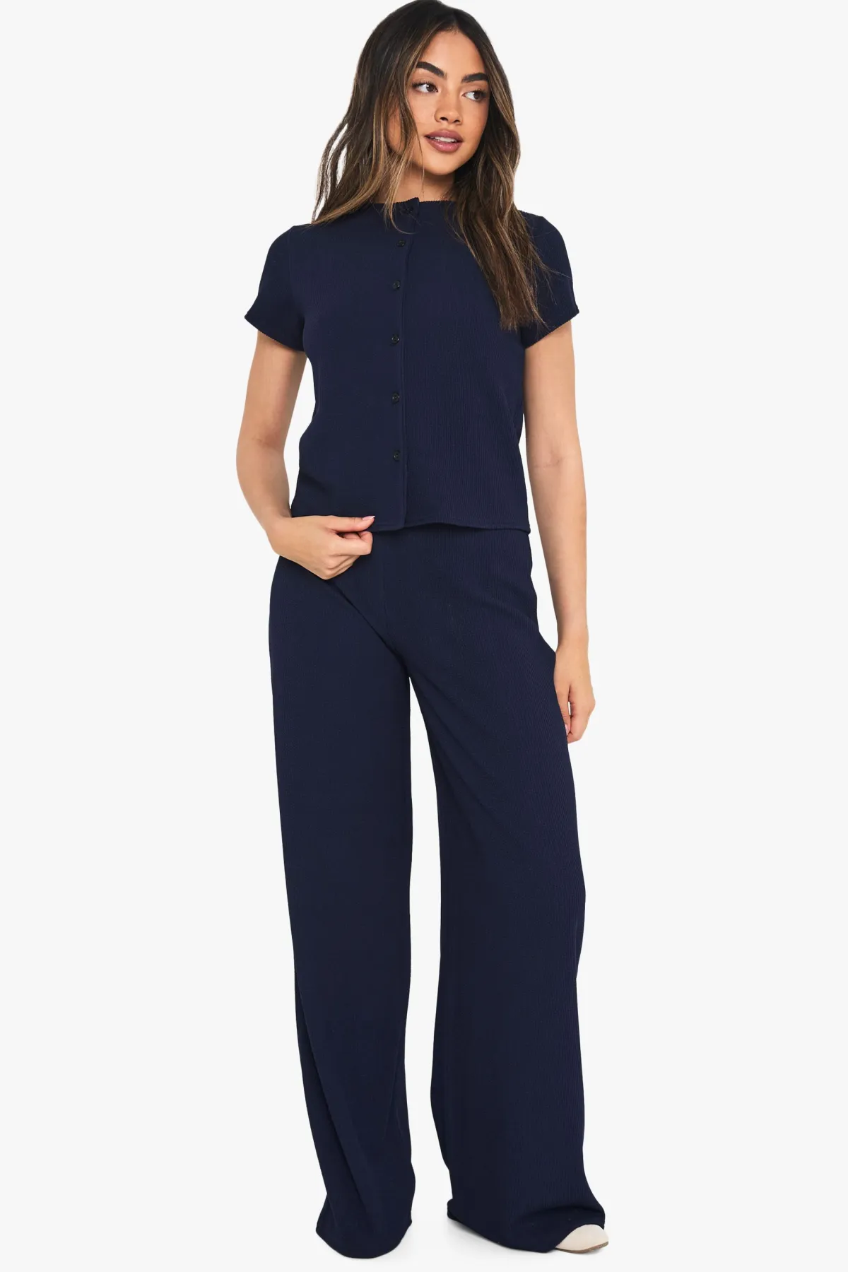 boohoo Ensemble Haut À Manches Courtes Boutonné En Tissu Côtelé Froissé Et Pantalon<Femme Ensembles