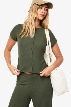boohoo Ensemble Haut À Manches Courtes Boutonné Et Pantalon En Côtes Froissées<Femme Ensembles