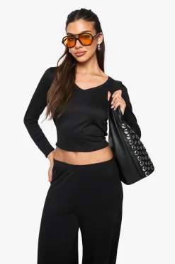 Ensemble haut à manches longues en supersoft à col en V avec finitions et pantalon à jambes larges
