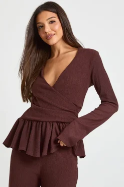 Ensemble haut à manches longues avec détail drapé texturé et pantalon