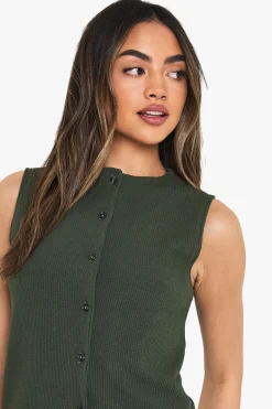 Ensemble haut sans manches boutonné en côtes froissées et pantalon
