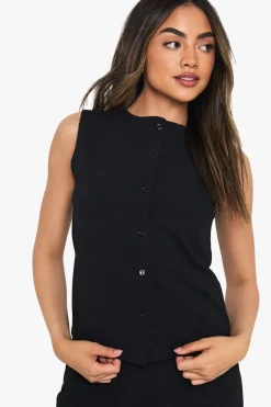 boohoo Ensemble haut sans manches et pantalon boutonné en côtes froissées<Femme Ensembles