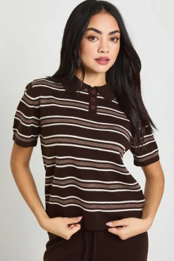 boohoo Ensemble Haut Tricoté À Rayures Col À Patte Manches Courtes Et Pantalon<Femme Pulls Et Gilets|Toutes Les Mailles