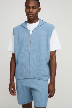 boohooMAN Ensemble hoodie zippé intégral et shorts en tricot côtelé, coupe oversize<Homme Maille|Mailles