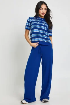 Ensemble Maille Rayé Col Patte de Boutonnage Manches Courtes Haut et Pantalon