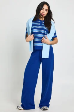 Ensemble Maille Rayé Col Patte de Boutonnage Manches Courtes Haut et Pantalon