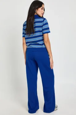 Ensemble Maille Rayé Col Patte de Boutonnage Manches Courtes Haut et Pantalon