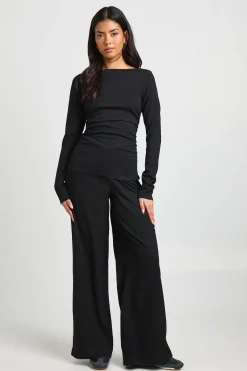 Ensemble Pantalon et Haut à Manches Longues Texturé Froissé avec Fronces Latérales