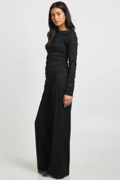 Ensemble Pantalon et Haut à Manches Longues Texturé Froissé avec Fronces Latérales