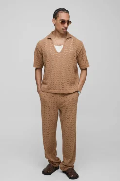 Ensemble pantalon et polo en tricot à texture décontractée, col en V, coupe boxy