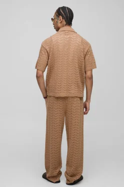 Ensemble pantalon et polo en tricot à texture décontractée, col en V, coupe boxy