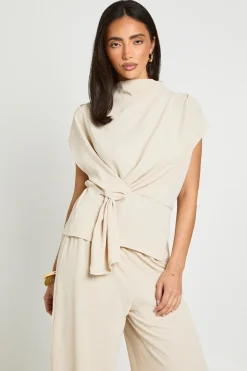 Ensemble Petite Blouse Col Bénitier À Nœud Devant Martelé Et Pantalon Large