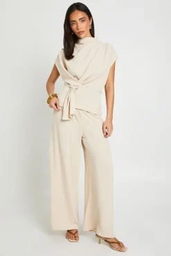 Ensemble Petite Blouse Col Bénitier À Nœud Devant Martelé Et Pantalon Large