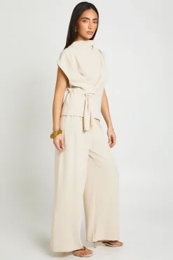 Ensemble Petite Blouse Col Bénitier À Nœud Devant Martelé Et Pantalon Large