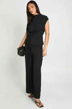 Ensemble Petite Blouse Col Bénitier À Détail Noué Devant Et Pantalon Large En Crêpe Martelé