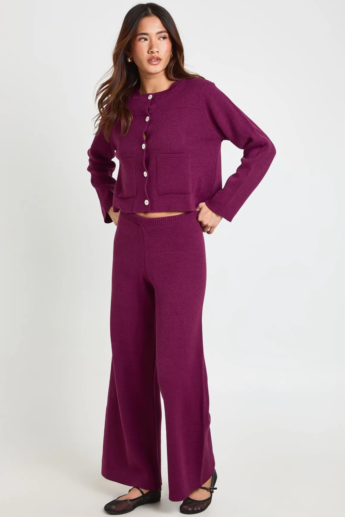 Ensemble Petite Cardigan Tricoté Col Rond Avec Détail Poche Et Pantalon Large