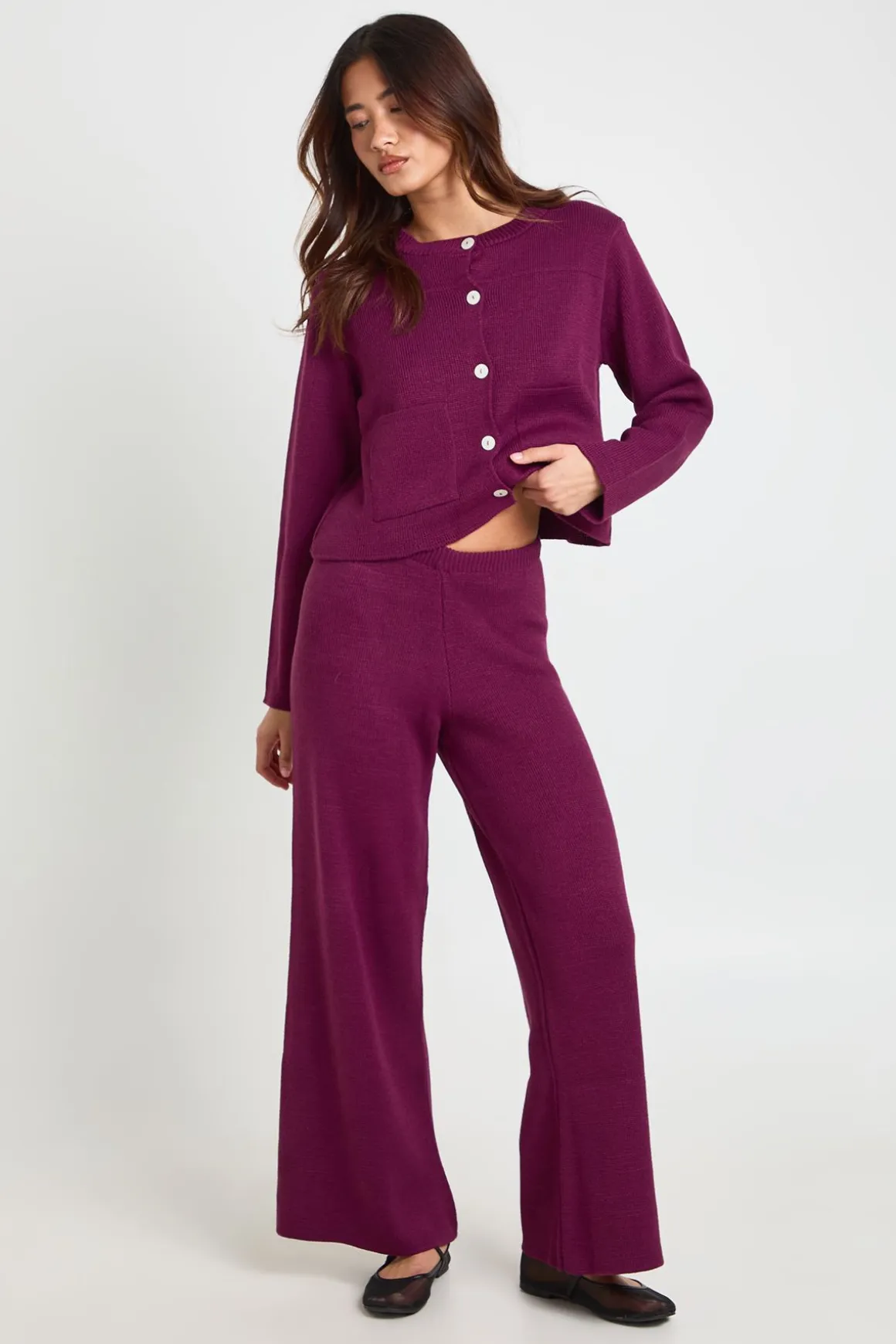 Ensemble Petite Cardigan Tricoté Col Rond Avec Détail Poche Et Pantalon Large
