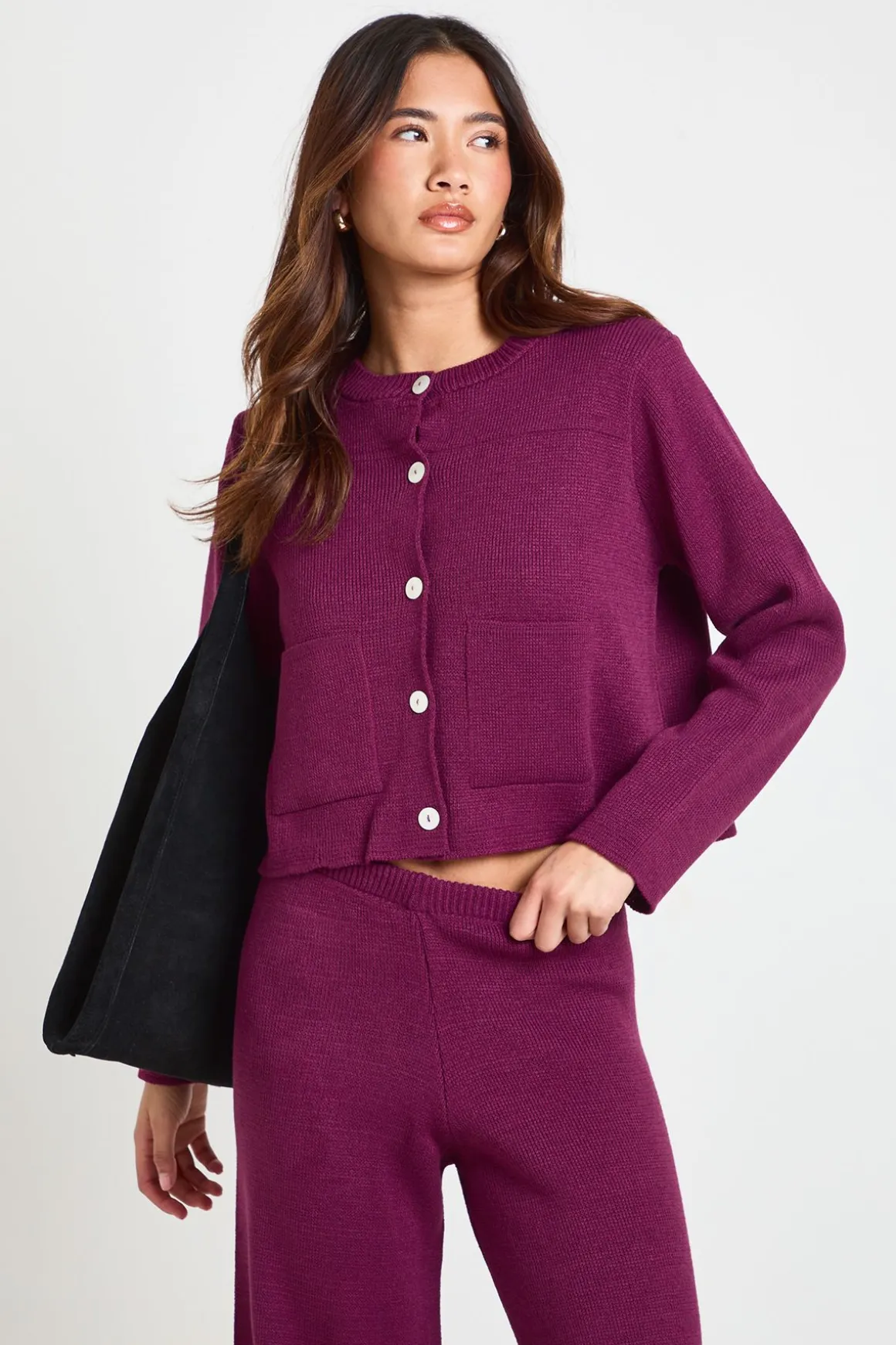 Ensemble Petite Cardigan Tricoté Col Rond Avec Détail Poche Et Pantalon Large