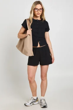 Ensemble Petite Côtelé Haut Court À Manches Courtes Boutonné Et Short