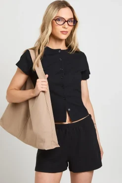 Ensemble Petite Côtelé Haut Court À Manches Courtes Boutonné Et Short