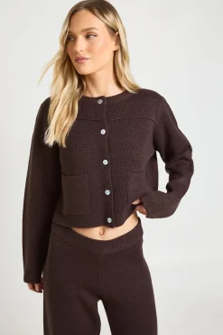 Ensemble Petite Gilet Court À Col Rond Avec Détail Poches Et Pantalon Large En Maille