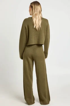 Ensemble Petite Gilet Tricoté Col Rond À Poches Détail Et Pantalon Large