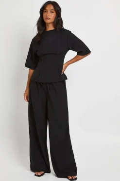 boohoo Ensemble Petite Haut Cintré À La Taille Et Pantalon Large Jambes Tissé Chiné<Femme Ensembles