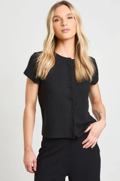 boohoo Ensemble Petite Haut Court À Manches Courtes Avec Boutons Et Pantalon En Côtes Froissées<Femme Ensembles