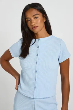 Ensemble Petite Haut À Manches Courtes Avec Boutons Et Pantalon En Côtes Froissées
