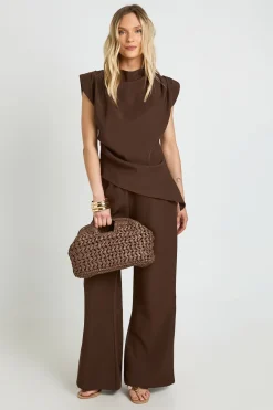 Ensemble Petite Haut À Épaulettes Asymétrique Et Pantalon Droit