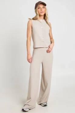 boohoo Ensemble Petite Haut Sans Manches Côtelé Froissé Boutonné Et Pantalon<Femme Ensembles