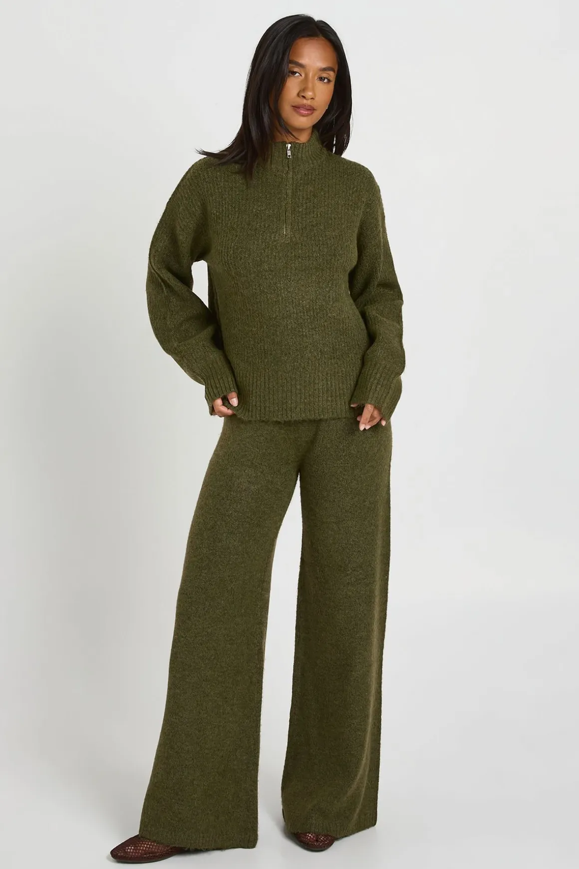 Ensemble Petite Synthétiquell Oversize Super Doux Col Zippé Et Pantalon Jambes Larges