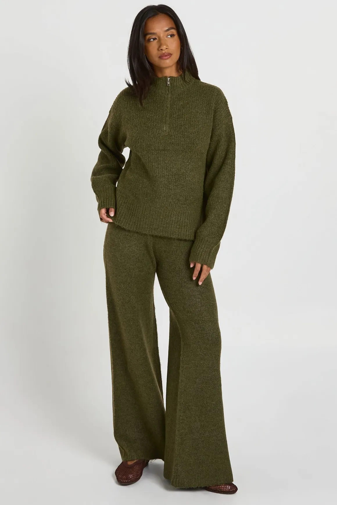 Ensemble Petite Synthétiquell Oversize Super Doux Col Zippé Et Pantalon Jambes Larges
