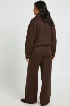 boohoo Ensemble Petite Synthétiquell Oversize à Maille Épaisse avec Détail Col et Pantalon Large Assorti<Femme Looks Chocolat|Pulls Et Gilets